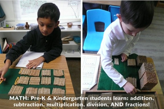 PreK and Kindergarten students learn addition, subtraction, multiplication, division, AND fractions